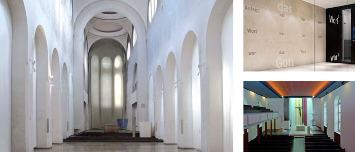 Juliane Stiegele: void_, Moritzkirche Augsburg (links); Ahad Architekten: Familienkirche Sonnborn (rechts oben); Bernhard Huber: Innenraumgestaltung Martinskirche, Ev. Kirchengemeinde Oberesslingen (rechts unten)
